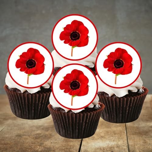 PRECUT Poppy Cupcake Toppers, Poppy Flowers Edible Mini Discs - Wafer Card Cake Decorations (24)