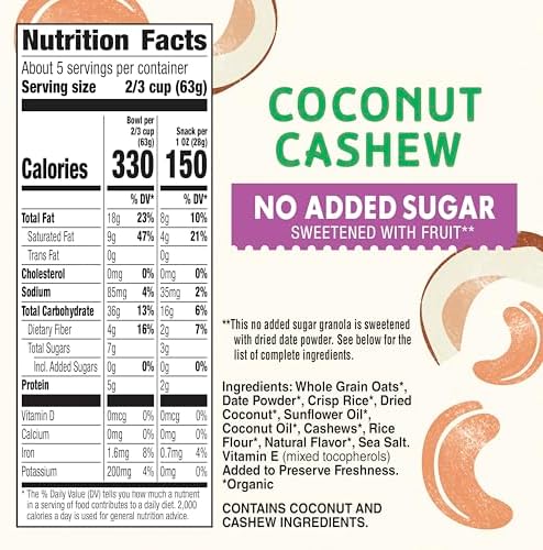Cascadian Farm Organic Granola with No Added Sugar, Coconut Cashew Cereal, Resealable Pouch, 11 oz.