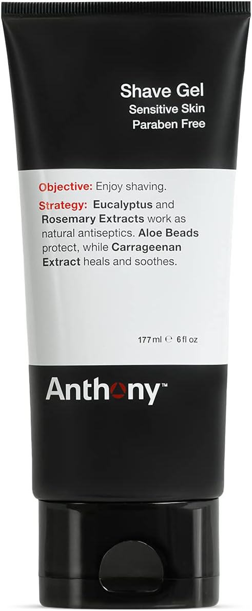 Anthony Shave Gel for Sensitive Skin – Non-Foaming, Soothing Shaving Cream for Men and Women. With Aloe Vera Beads, Eucalyptus, Rosemary and Carrageenan Extract - 6 Fl Oz