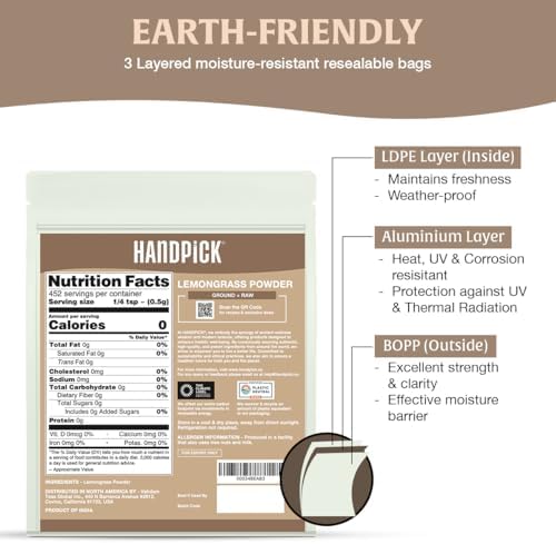 HANDPICK Lemongrass Powder (226g/8oz) Non GMO, Gluten Free, 100% Raw, Sourced from India, For Cooking, Smoothies, Tea, Packed in Resealable Ziplock Pouch