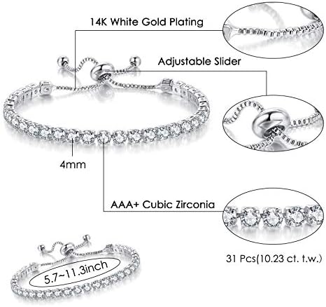Tennis Bracelets for Women White Gold Plated Diamond AAA+ Cubic Zirconia CZ Dainty Classic Adjustable Slider Bracelet Silver Fashion Jewelry Wedding Gift