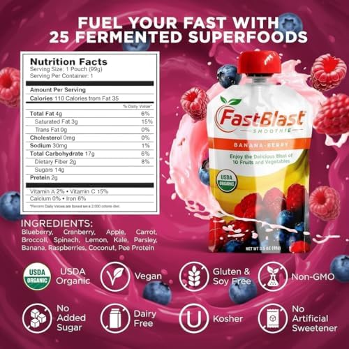 Fruit Smoothie Pouches Banana Berry - 2 Pack, 24 Pcs USDA Organic Gluten Free Snacks for Adults, No Added Sugar, Protein Pouches Adult Meal Replacement, Smoothie Packs Support Balanced Nutrition