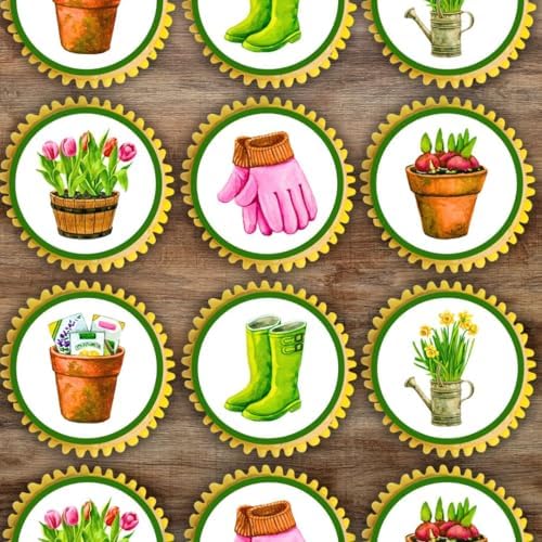 Gardening Edible Cupcake Toppers, Flower Edible Cake Decorations, Plant Toppers for Cake Decorating Garden Party Decorations, Gardeners Cookie Decor 48 x 3cm / 1.18 inch Mini Discs UNCUT