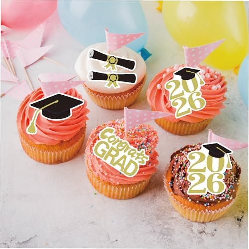 50Pcs Edible 2026 Graduation Cupcake Toppers, Wafer Paper Class of 2026 Decorations Grad Cap Cupcake Picks for 2026 Graduation Theme Party Cake Decor (Gold)