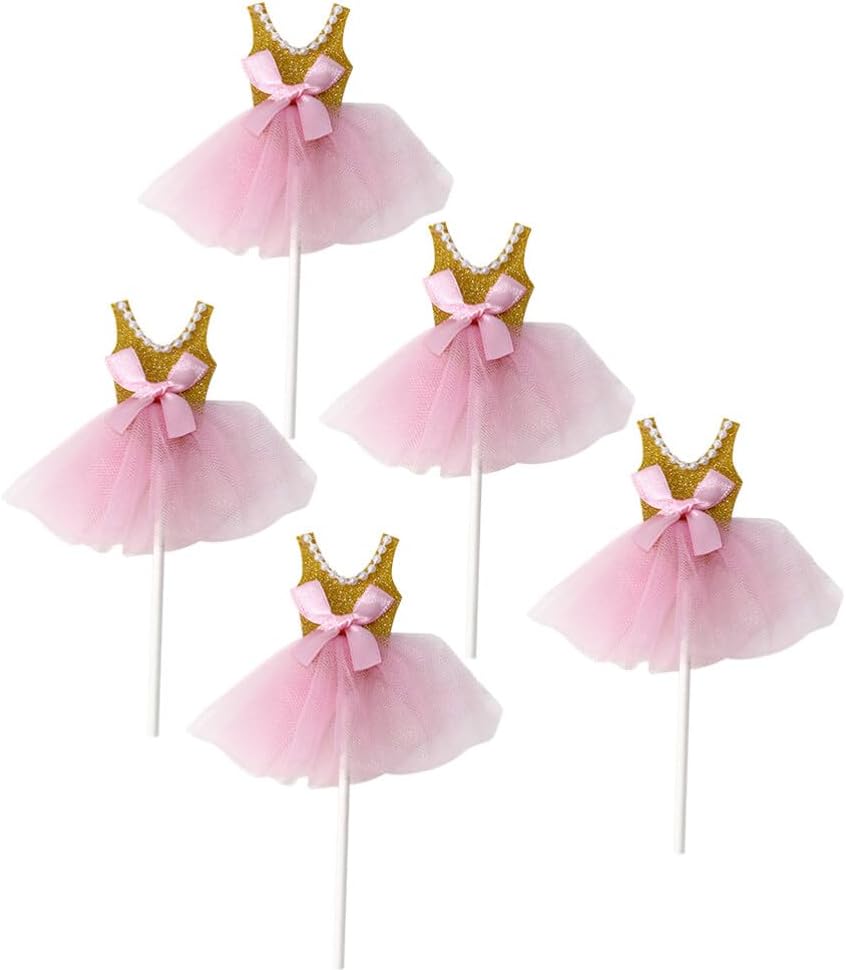 COHEALI 5Pcs Gold Pearl Princess Tutu Cake Toppers | Glitter Ballerina Dress Cupcake Picks for Baby Shower, Girls Birthday Party Decor | Tulle Skirt Cake Decorations