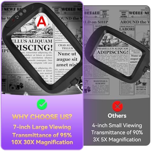 30X 10X Extra Large Floor Magnifying Glass with Light and Stand,7-inch Adjustable Height Floor Magnifying Lamp,2 in 1 Lighted Magnifiers for Close Work, Sewing,Crafts,Hobbies,Reading,Black