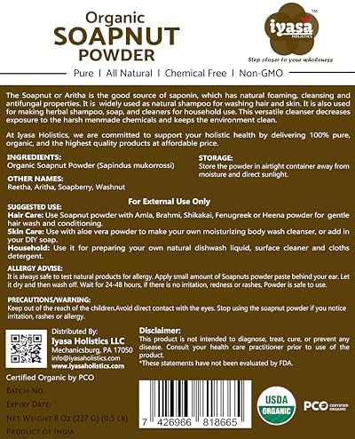 Organic Soapnut Powder (Reetha Powder) 16oz - Natural Organic Laundry Detergent - Multi-Use Hair, Skin & Household Cleanser - Plant-Based Cleanser, Shampoo & Conditioner by Iyasa Holistics