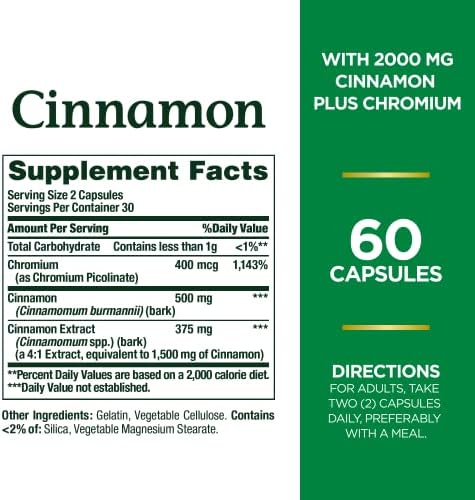 Nature's Bounty Cinnamon 2000mg Plus Chromium, Sugar Metabolism Support Supplement, 60 Capsules