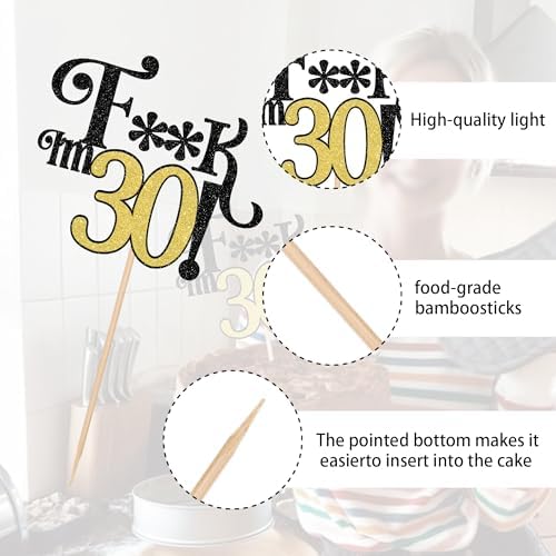 1 PCS Happy 30th Birthday Cake Topper Glitter Thirty Funny I'm 30 Cake Pick Cheers to 30 Years Birthday Cake Decoration for Men Women Happy 30th Birthday Party Cake Decorations Supplies Gold