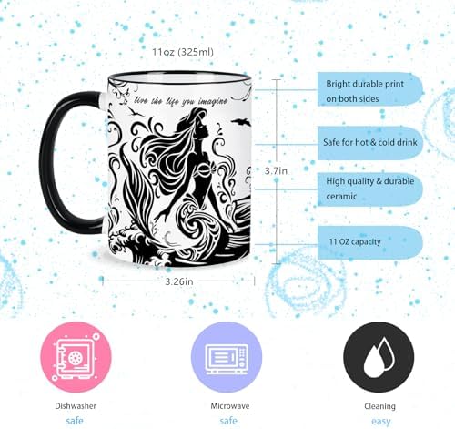 Mermaid Coffee Mug 11 Oz Mothers Day Birthday Gifts for Women, Black and White Mugs, Birthday Gift for Women Friendship, Mermaid Coffee Cup Adult Gifts for Friends, Mom, Grandma