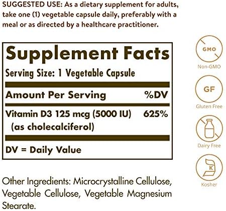 Solgar Vitamin D3 (Cholecalciferol) 125 mcg (5000 IU), 240 Vegetable Capsules - Helps Maintain Healthy Bones & Teeth - Immune System Support - Non-GMO, Gluten Free - 240 Total Servings