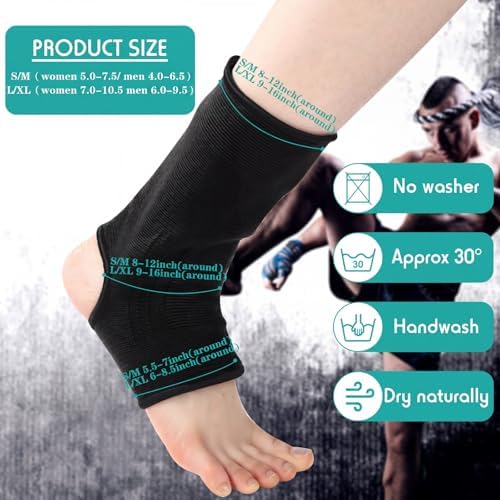 Geyoga 2 Pairs Muay Thai Ankle Support Compression Ankle Sleeve Boxing Foot Braces for Men Breathable Women Foot Wraps Support for Martial Arts Kickboxing Gym Running, L Size(Black)