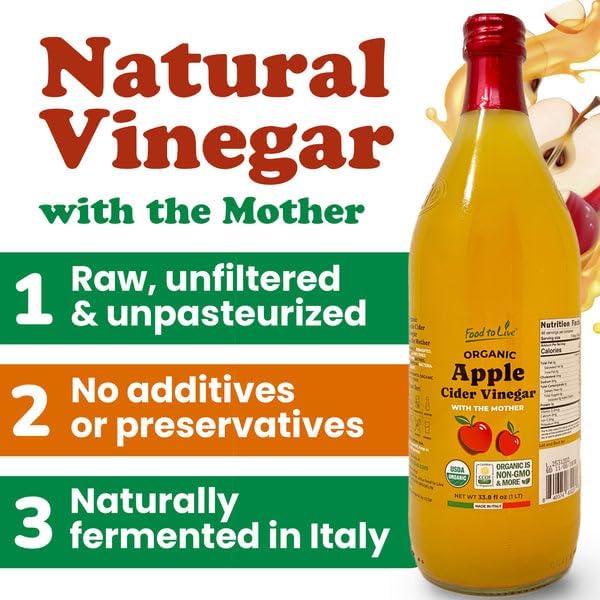 Food To Live Organic Apple Cider Vinegar, 1 L – Raw Italian Natural Vinegar with the Mother, Unfiltered, Unpasteurized, Non-GMO, Vegan, Glass Bottle (Pack of 2)