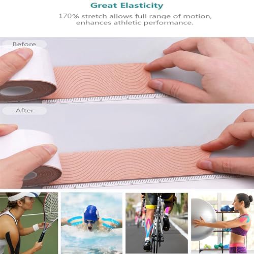 Kinesiology Tape -<2-Rolls>- Original Cotton Elastic Pro Athletic Tape,33 ft 40 Precut Strips in Total,Hypoallergenic and Waterproof K Tape for Muscle Pain Relief and Joint Support(Skin Color)