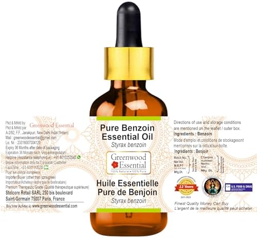 Greenwood Essential Benzoin Essential Oil (Styrax Benzoin) with Glass Dropper | Pure | Viscous Texture | Rich Aroma | Unisex | All Skin Types |Natural Extract Steam Distilled 50ml (1.69 oz)