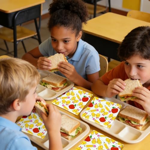 AnyDesign Back to School Paper Napkins Luncheon Napkins Pencil Bow Apples Notebook Disposable Dessert Dinner Hand Towels for First Day of School Party Supplies Table Decoration, 50 Pcs