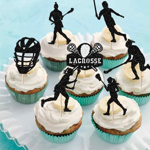Rsstarxi 24 Pack Lacrosse Cupcake Toppers Lacrosse Party Decorations Lacrosse Player Cupcake Picks for Lacrosse Sport Baby Shower Girl Birthday Party Cake Decorations Black