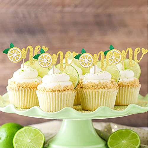 24 PCS Lemon One Cupcake Toppers Glitter Fruit Lemonade First Birthday Cupcake Picks for Lemon Theme Baby Shower 1st Birthday Party Cake Decorations Supplies Gold