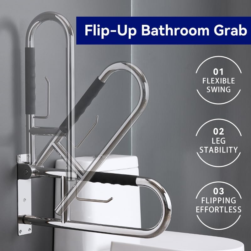 31 Inch Toilet Grab Bar, Flip-UpSafety Rail with Soft Silicone Anti-Slio Finger-Grio Handle andPaper Holder, Stainless Steel u-Shaped Support Bar for ElderlyDisabled, Polished Chrome