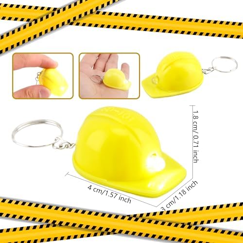 120 Pcs Mini Construction Hat Keychains Yellow LED Small Hard Hat Helmet Flashlight Keychain for Classroom Reward Goodie Bags Fillers Birthday Construction Themed Party Favors