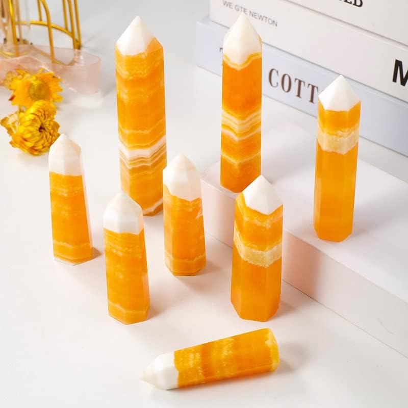 Crystal Stone 1pc Natural Quartz Tower Yellow Calcite Crystal Striped Orange Calcite Home Decoration Presents (Size : 14-16cm)