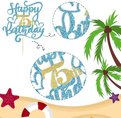 1 PCS Happy 75th Birthday Cake Topper, Blue Glitter Cheers to 75 Years Birthday Cake Pick 75 Fabulous Cake Decoration for 75th Birthday/Anniversary Party Cake Decorations Supplies