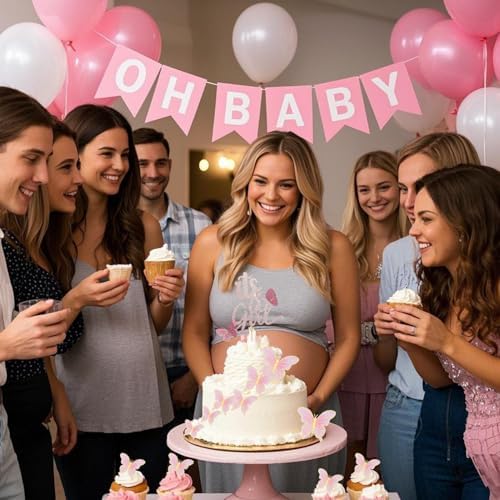 ALISSAR New Double Sided Rose Gold Butterfly Baby Shower Cake Topper Set, It's A Girl Cake Topper and 16 Pieces Pink Butterflies Cupcake Toppers for Baby Girl Baby Shower Party Decorations