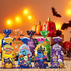 Lodeihoo Halloween Cellophane Treat Bags, 100 PCS Halloween Plastic Candy Bags with 100 PCS Twists 8 Styles for Kids Treat or Trick Party Supplies for Snacks Candy Cookies Packing