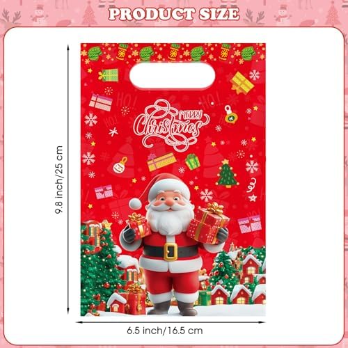 50 Pcs Merry Christmas Gift Bags with Handles-Cute Xmas Goodie Bag Santa Claus Plastic Goody Candy Cookie Snack Treat Party Favor Bags Bulk for Winter Holiday Christmas Party Supplies Favors, 4 Style