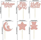 Gyufise 24Pcs Baby Shower Girl Cupcake Toppers Moon Rose Gold Glitter Bear Star It's a Girl Hello World Gender Reveal Cupcake Picks Baby Shower Kids Girls Birthday Party Cake Decorations Supplies