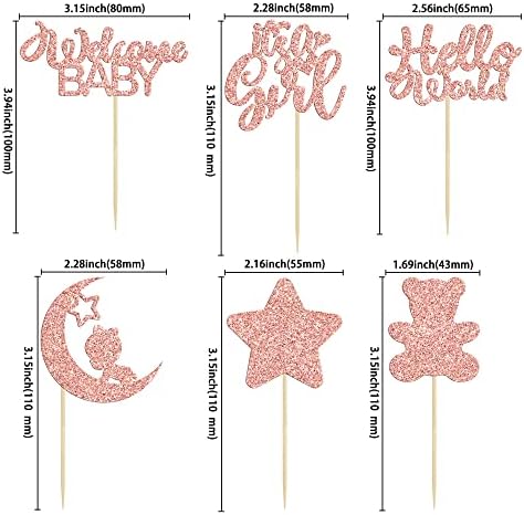Gyufise 24Pcs Baby Shower Girl Cupcake Toppers Moon Rose Gold Glitter Bear Star It's a Girl Hello World Gender Reveal Cupcake Picks Baby Shower Kids Girls Birthday Party Cake Decorations Supplies