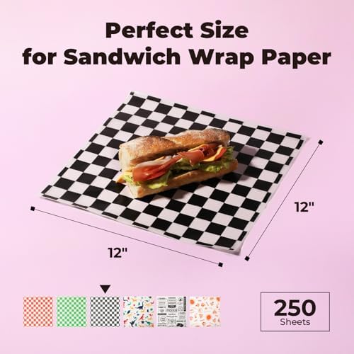 Fit Meal Prep 250 Sheets 12x12" Deli Paper, Black and White Checkered, Grease-Proof Wax Paper for Food Basket, Picnic, Burgers