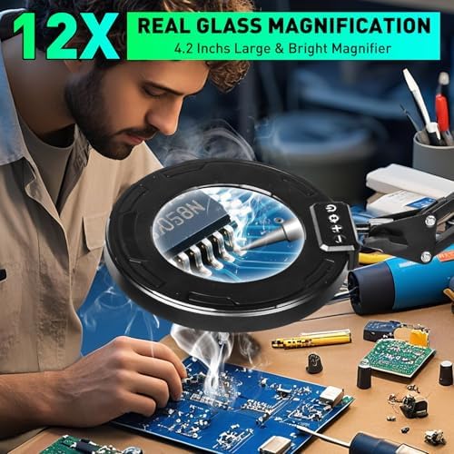Ultra Long 3-Section Swing Arm 12X Magnifying Glass with Light and Stand, 5 Colors Helping Hands Magnifying Lamp, 4-Way Large Metal Clamp LED Lighted Magnifier Lamp for Craft Workbench Repair