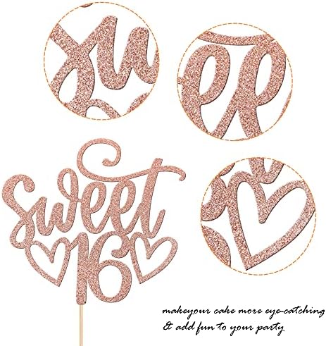 1 Pack Sweet Teenager 16 Cake Topper Glitter 16th Birthday Cake Pick for Cheers to 16 Years Old 16th Birthday Party Cake Decorations Supplies Rose gold