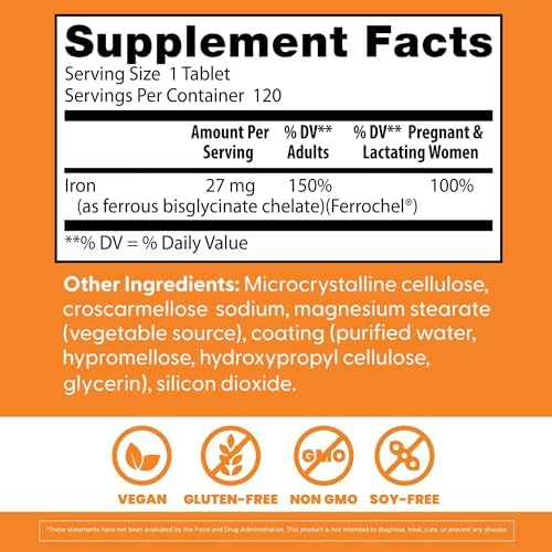 Doctor's Best High Absorption Iron Tablet with Ferrochel, Gentle on The Stomach, Immune Health, Blood Health, 27 mg