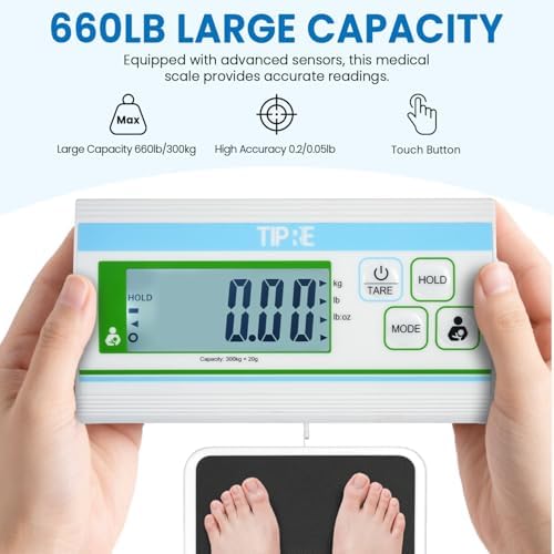 TIPRE Medical Grade Floor Scale Professional Physician Scale 660lb Wrestling Scale for Body Weight Bariatric Scale Heavy Duty Easy to Read Separate Display Screen for Home, Hospital & Physician Use