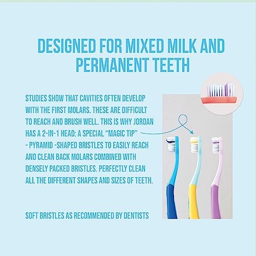 Jordan* ® | Step 3 Toothbrush for Children | Toothbrush for Ages 6 to 9 Years | Soft Bristles, Double Ergonomic Handle & BPA-Free | Blue & Green | Pack of 4
