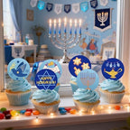 40PCS Edible Happy Hanukkah Cupcake Toppers Wafer Paper Candlestick Menorah Cake Topper Decorations for Sparkle Jewish Birthday Chanukah Holiday Party Decoration Supplies