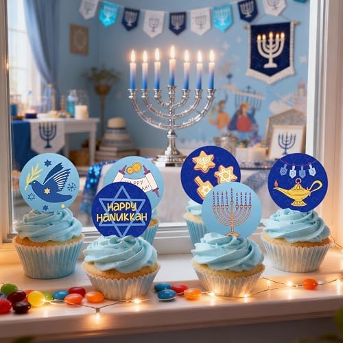 40PCS Edible Happy Hanukkah Cupcake Toppers Wafer Paper Candlestick Menorah Cake Topper Decorations for Sparkle Jewish Birthday Chanukah Holiday Party Decoration Supplies
