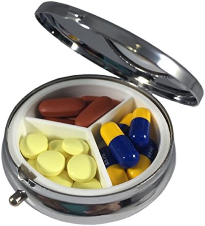 Pretty Pink Owls Silver Pill Box – Round 3-Compartment Metal Pill Organizer, Compact 2-Inch Travel Pill Case for Purse or Pocket