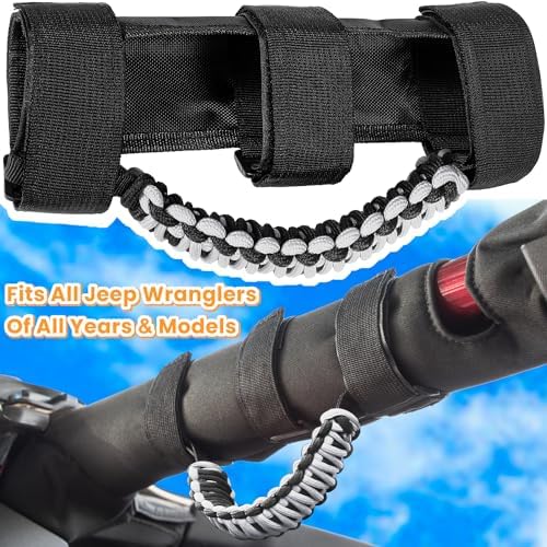 E-cowlboy Roll Bar Grab Handles Grip Handle for Jeep Wrangler JK JKU JL JLU TJ YJ Sports Sahara Freedom Rubicon Unlimited Gladiator JT 1955-2023 UTV ATV Accessories Premium 550 Paracord (Gray 2 Pack)