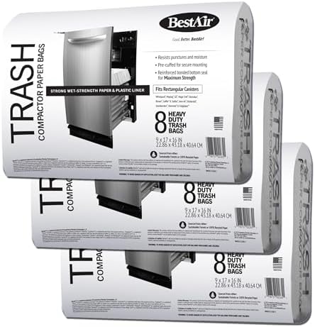 BestAir WMCK133508-3 Heavy Duty Trash Compactor Bags, 16'' D x 9'' W x 17'' H, 24 Count (Pack of 3), Brown
