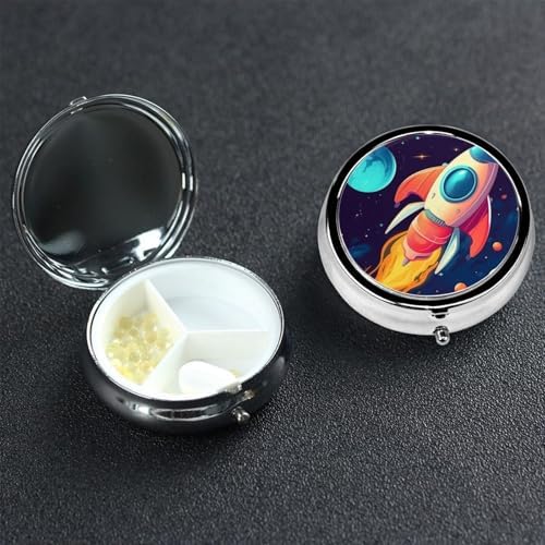 Pill Case with Mirror Retro 3 Compartment Pill Box Cartoon Rocket in Space Small Pill Organizer for Purse or Pocket Decorative Metal Medicine Vitamin Organizer Unique Gifts