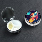 Pill Case with Mirror Retro 3 Compartment Pill Box Cartoon Rocket in Space Small Pill Organizer for Purse or Pocket Decorative Metal Medicine Vitamin Organizer Unique Gifts