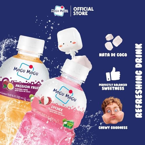 Mogu Mogu Lychee & Passion Fruit Juice with Nata de Coco – Refreshing Tropical Drinks with Chewy Coconut Jelly, 10.8oz Bottles (Pack of 12, 6 Each) – Sweet, Tangy, and Fun Variety Pack