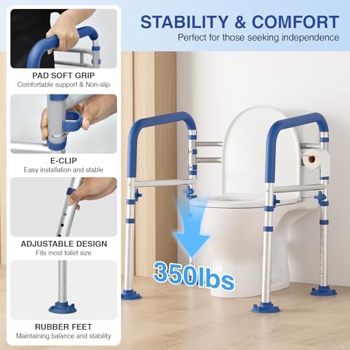 Loyoda Foldable Toilet Safety Rails for Seniors - Adjustable Toilet Safety Frame & Toilet Handles for Elderly & Disabled, Fits Most Toilets, 350lb Capacity, Blue