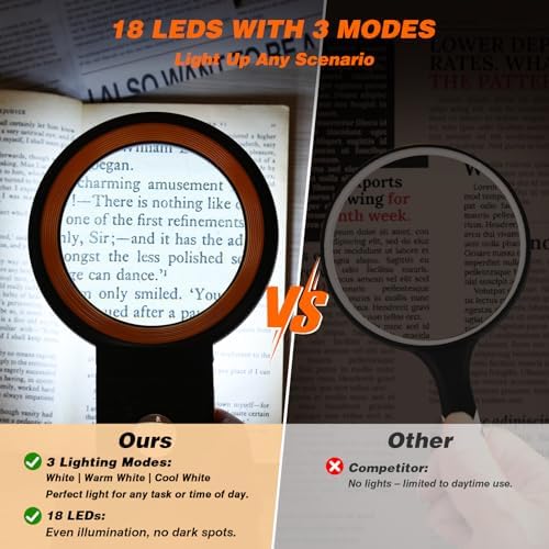 KIBTOY Magnifying Glass with Light and Stand, Foldable Handheld Magnifying Lenses 18 LED Illuminated Lighted Magnifier for Seniors Reading, Close Work, Coins, Jewelry Black