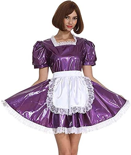 Plus Size Sweet Lolita A-line Mini Dress Elegant PVC Lace Trim Maid Apron Dress (6XL,Dark Purple)