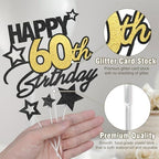 Happy 60th Birthday Cake Topper 60 Birthday Cake Decorations, Happy 60th Birthday Anniversary Party Cake Decorations for Men Women, Black Gold