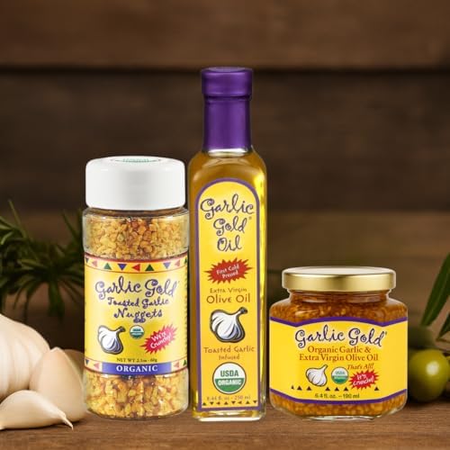 Garlic Gold Extra Virgin Olive Oil Infused with Garlic, Premium Certified USDA Organic, Low FODMAP, Cold Pressed (8.44 Fl Oz)